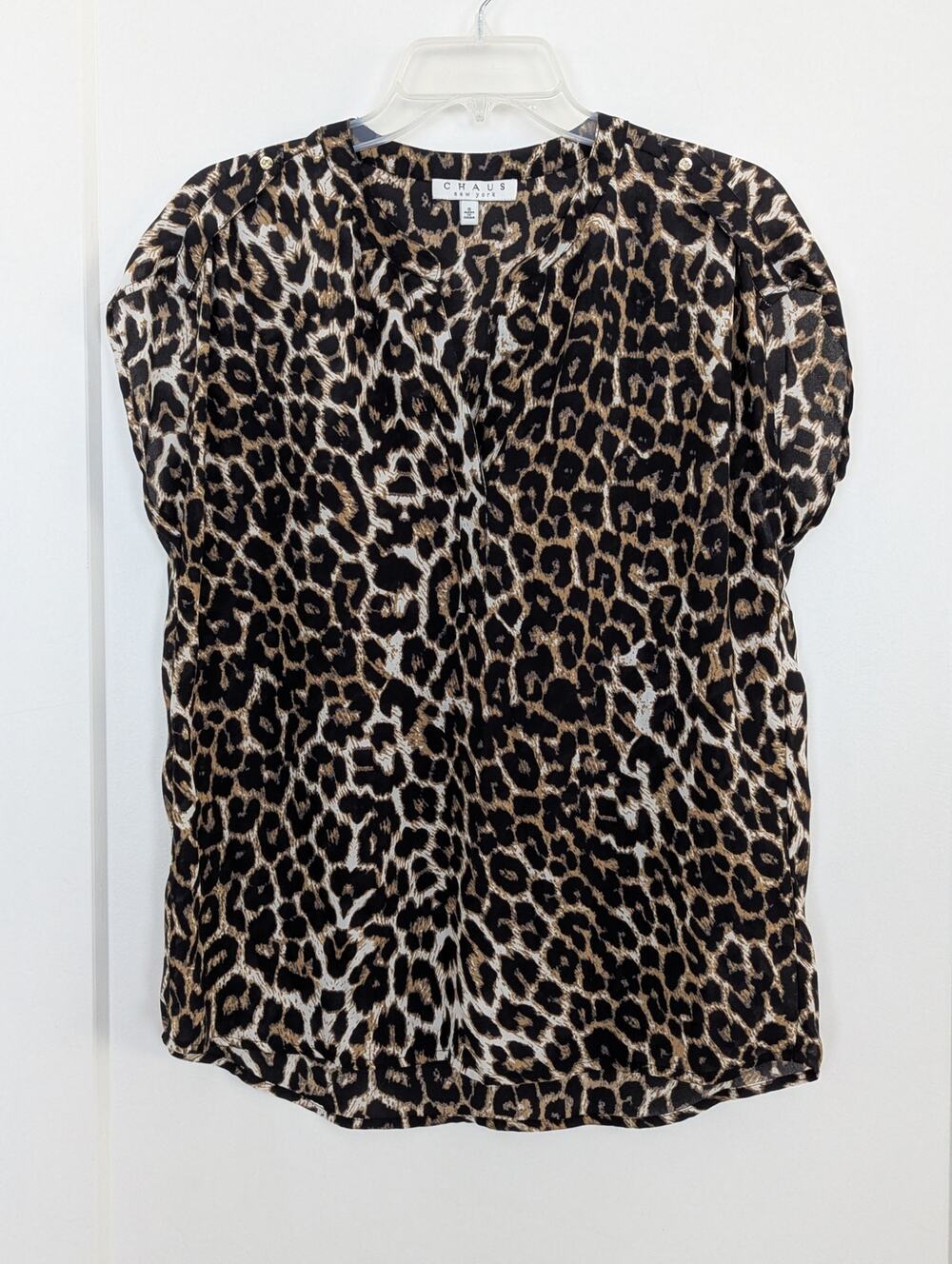 CHAUS New York Leopard Print V-Neck Short Sleeve Blouse Top Epaulettes Womens S